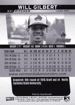2016 Choice Vermont Lake Monsters #19 Will Gilbert Back