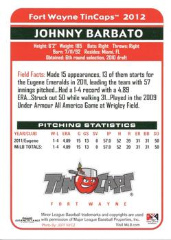 2012 Grandstand Fort Wayne TinCaps #NNO Johnny Barbato Back