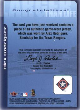2002 Fleer Focus Jersey Edition - Larger than Life Game Used #NNO Alex Rodriguez Back