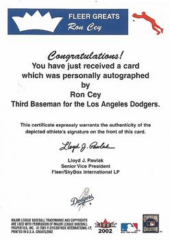 2002 Fleer Greats of the Game - Autographs #NNO Ron Cey Back