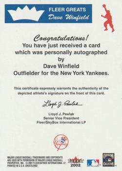 2002 Fleer Greats of the Game - Autographs #NNO Dave Winfield Back