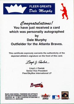 2002 Fleer Greats of the Game - Autographs #NNO Dale Murphy Back