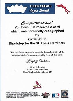 2002 Fleer Greats of the Game - Autographs #NNO Ozzie Smith Back
