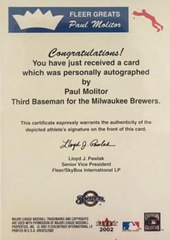 2002 Fleer Greats of the Game - Autographs #NNO Paul Molitor Back