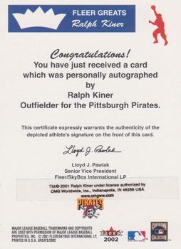 2002 Fleer Greats of the Game - Autographs #NNO Ralph Kiner Back
