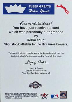 2002 Fleer Greats of the Game - Autographs #NNO Robin Yount Back