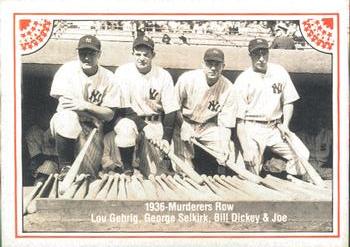 1983 ASA The Joe DiMaggio Story - Autographed Red Border #4 Joe DiMaggio / Lou Gehrig / George Selkirk / Bill Dickey Front