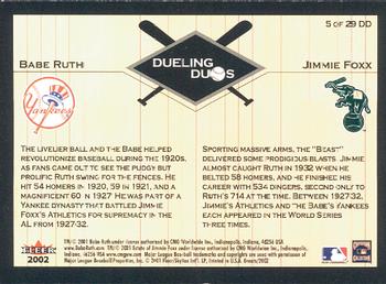 2002 Fleer Greats of the Game - Dueling Duos #5 DD Babe Ruth / Jimmie Foxx  Back