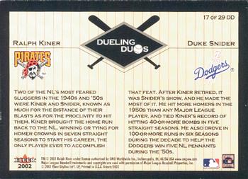2002 Fleer Greats of the Game - Dueling Duos #17 DD Ralph Kiner / Duke Snider Back