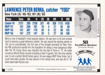 1992 SmithKline Beecham MVPs for MDA #1 Yogi Berra Back