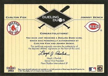 2002 Fleer Greats of the Game - Dueling Duos Autographs #NNO Johnny Bench / Carlton Fisk Back