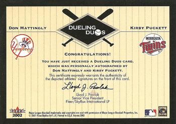 2002 Fleer Greats of the Game - Dueling Duos Autographs #NNO Kirby Puckett / Don Mattingly  Back