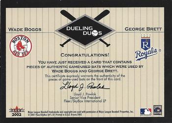 2002 Fleer Greats of the Game - Dueling Duos Game Used Double #NNO Wade Boggs / George Brett  Back