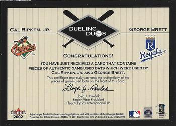 2002 Fleer Greats of the Game - Dueling Duos Game Used Double #NNO George Brett / Cal Ripken Jr.  Back