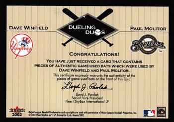 2002 Fleer Greats of the Game - Dueling Duos Game Used Double #NNO Paul Molitor / Dave Winfield  Back