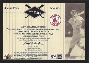 2002 Fleer Greats of the Game - Dueling Duos Game Used Single #DD-JF2 Jimmie Foxx / Bill Dickey Back