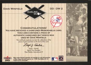 2002 Fleer Greats of the Game - Dueling Duos Game Used Single #DD-DW2 Robin Yount / Dave Winfield  Back