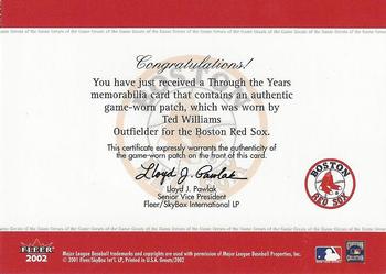 2002 Fleer Greats of the Game - Through the Years Level 1 Patch #NNO Ted Williams Back