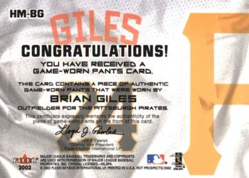 2002 Fleer Hot Prospects - MLB Hot Materials #HM-BG Brian Giles Back