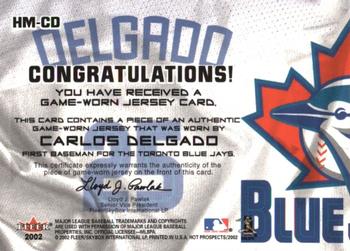 2002 Fleer Hot Prospects - MLB Hot Materials #HM-CD Carlos Delgado Back