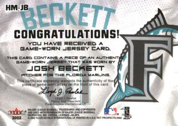 2002 Fleer Hot Prospects - MLB Hot Materials #HM-JB Josh Beckett Back