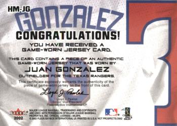 2002 Fleer Hot Prospects - MLB Hot Materials #HM-JG Juan Gonzalez Back