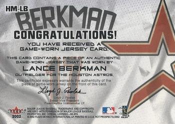 2002 Fleer Hot Prospects - MLB Hot Materials #HM-LB Lance Berkman Back