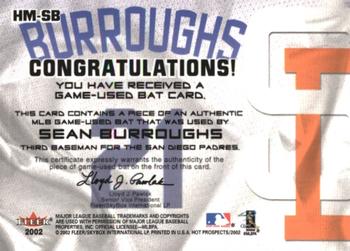 2002 Fleer Hot Prospects - MLB Hot Materials #HM-SB Sean Burroughs Back