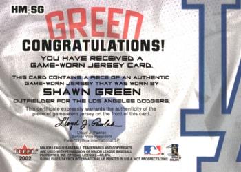 2002 Fleer Hot Prospects - MLB Hot Materials #HM-SG Shawn Green Back
