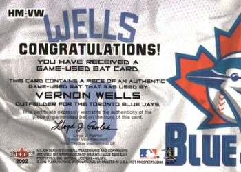 2002 Fleer Hot Prospects - MLB Hot Materials #HM-VW Vernon Wells Back