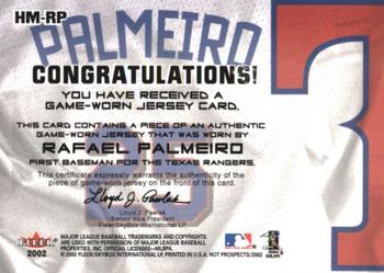 2002 Fleer Hot Prospects - MLB Red Hot Materials #HM-RP Rafael Palmeiro  Back