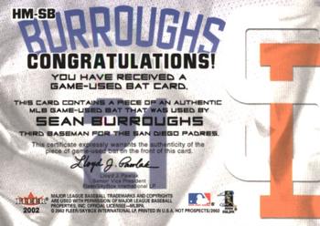2002 Fleer Hot Prospects - MLB Red Hot Materials #HM-SB Sean Burroughs  Back
