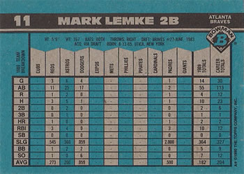 1990 Bowman #11 Mark Lemke Back