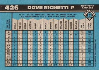 1990 Bowman #426 Dave Righetti Back