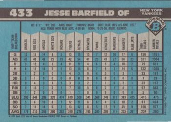 1990 Bowman #433 Jesse Barfield Back