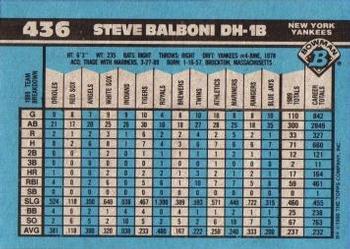 1990 Bowman #436 Steve Balboni Back