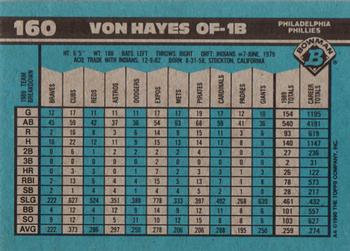 1990 Bowman #160 Von Hayes Back