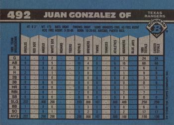 1990 Bowman #492 Juan Gonzalez Back