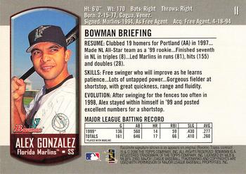 2000 Bowman #11 Alex Gonzalez Back