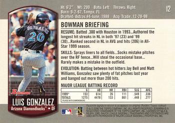 2000 Bowman #12 Luis Gonzalez Back