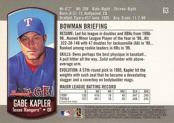 2000 Bowman #63 Gabe Kapler Back