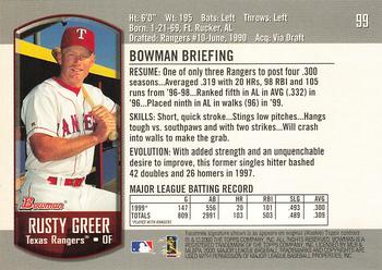 2000 Bowman #99 Rusty Greer Back