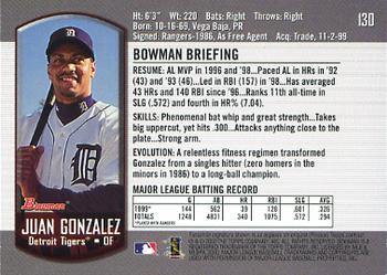 2000 Bowman #130 Juan Gonzalez Back