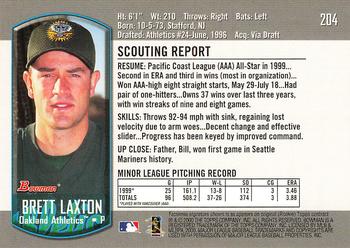 2000 Bowman #204 Brett Laxton Back
