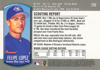 2000 Bowman #206 Felipe Lopez Back