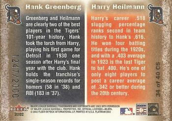 2002 Fleer Platinum - Cornerstones (Numbered) #34 CS Harry Heilmann / Hank Greenberg Back
