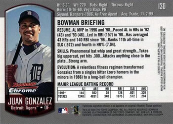 2000 Bowman Chrome #130 Juan Gonzalez Back