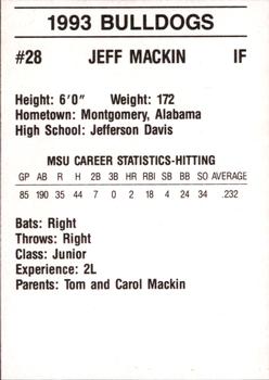 1993 Mississippi State Bulldogs #NNO Jeff Mackin Back