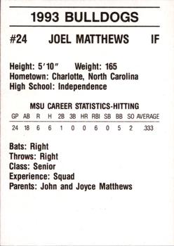 1993 Mississippi State Bulldogs #NNO Joel Matthews Back