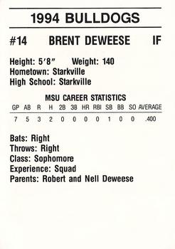 1994 Mississippi State Bulldogs #NNO Brent Deweese Back
